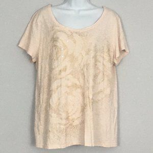 Style & Co Womens 1X Pink Gold Floral Lace Sequins 100% Cotton Short Sleeve Top